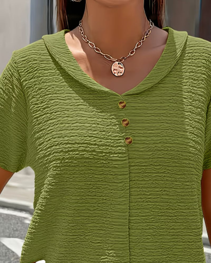 Syzelle - Dames t-shirt met ronde hals textuur korte mouwen elegante decoratieve knopen