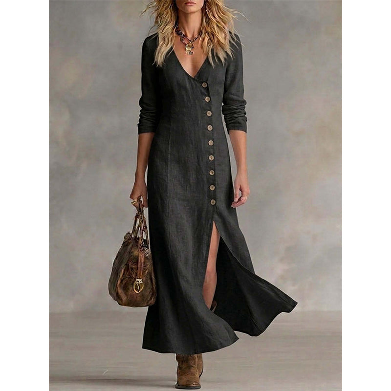 Quinalisse - Elegante vintage overhemdjurk met lange mouwen midi