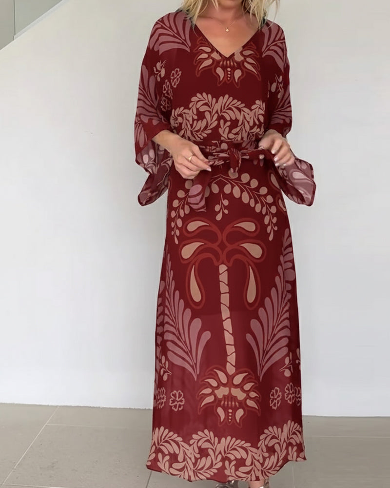 Praxellea - Boheemse maxi jurk voor vrouwen met V-hals en elegante bladerenprint