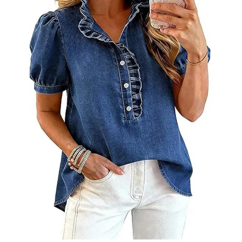 Caelith - Dames denim top met volantkraag