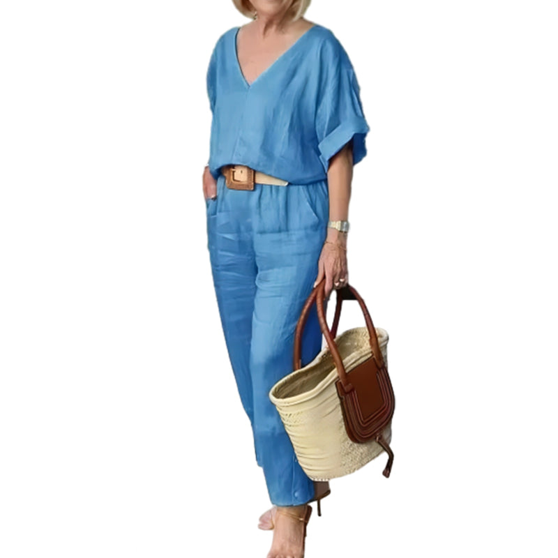 Loxaria - V-hals dames set met broek en zakken in casual stijl