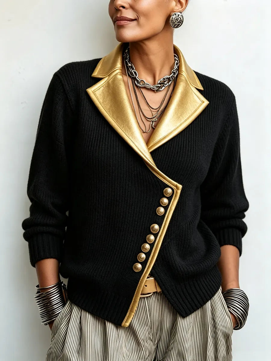 Djoeke - Dames cardigan van ribstof met sjaalkraag en metallic details