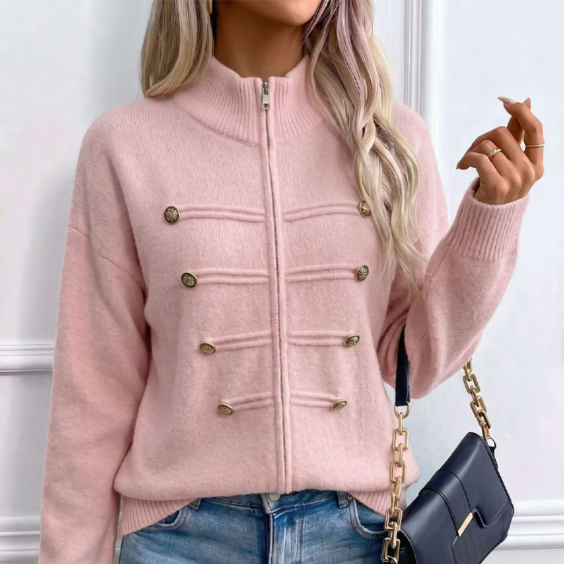 Teuntje - Dames gebreide gilet met hoge, rits en decoratieve knopen
