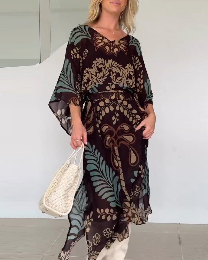 Praxellea - Boheemse maxi jurk voor vrouwen met V-hals en elegante bladerenprint