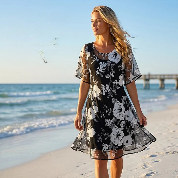 Loryxa - Elegante dames chiffon jurk met bloemenprint, vloeiende avondjurk