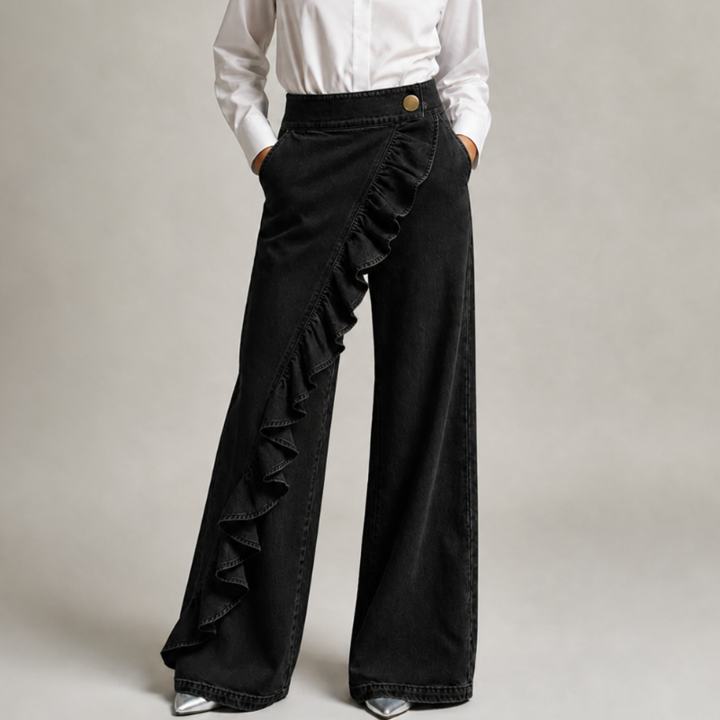 Izzavelle - Dames brede denim broek met asymmetrische volant in elegante culotte-stijl