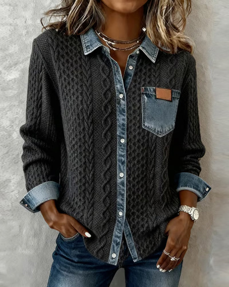 Delorisse - Chemise Tricotée Chic avec Détails Denim