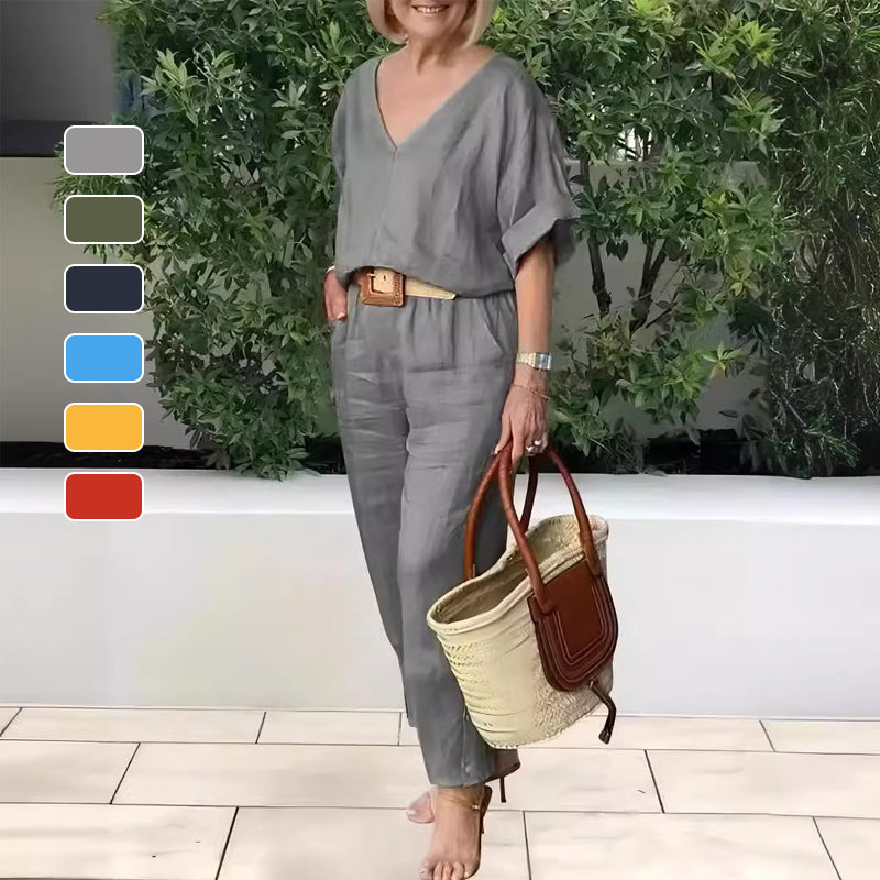Loxaria - V-hals dames set met broek en zakken in casual stijl