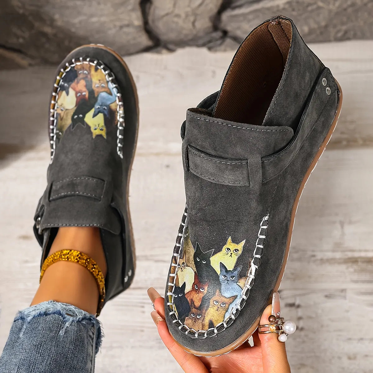 Annefleur - Dames instap mocassins met kattenprint