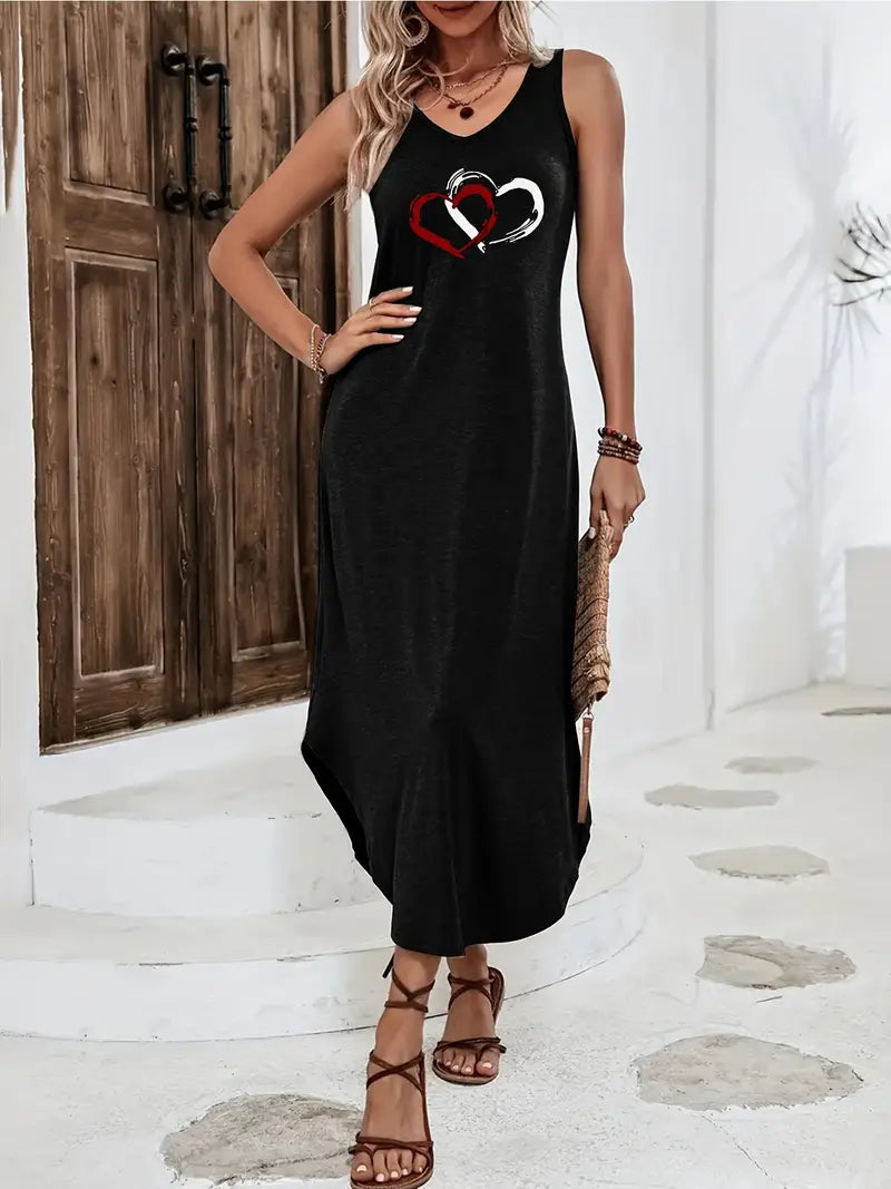Dionara - Casual mouwloze zomerjurk met V-hals en hartjesmotief