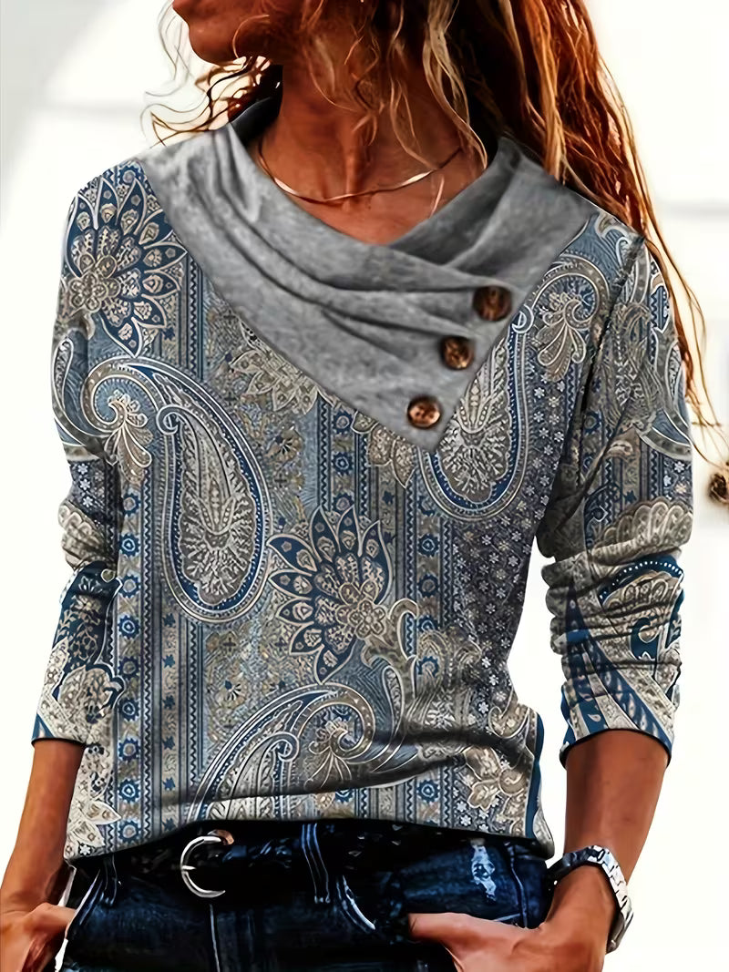 Marije - Dames top met paisleyprint en gedrapeerde knoopkraag