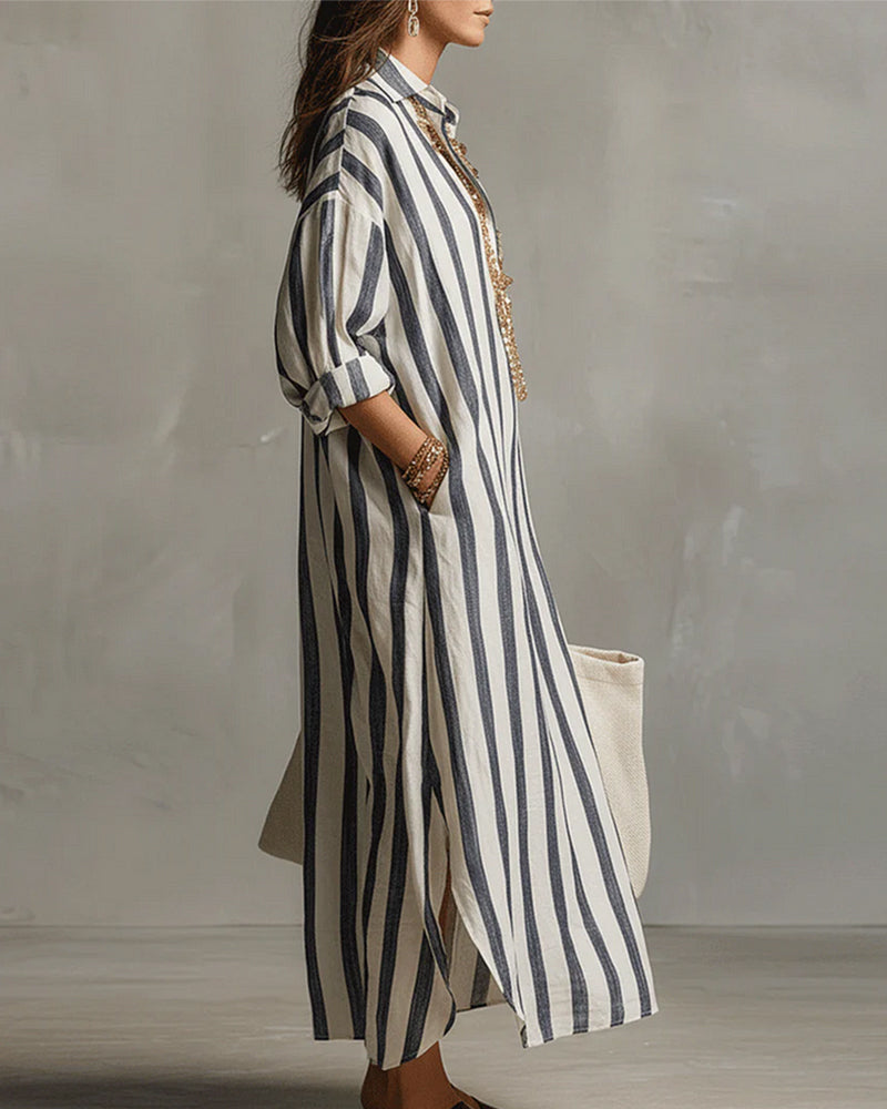 Avenira - Maxi Gestreepte Jurk met Casual Chic Reverskraag