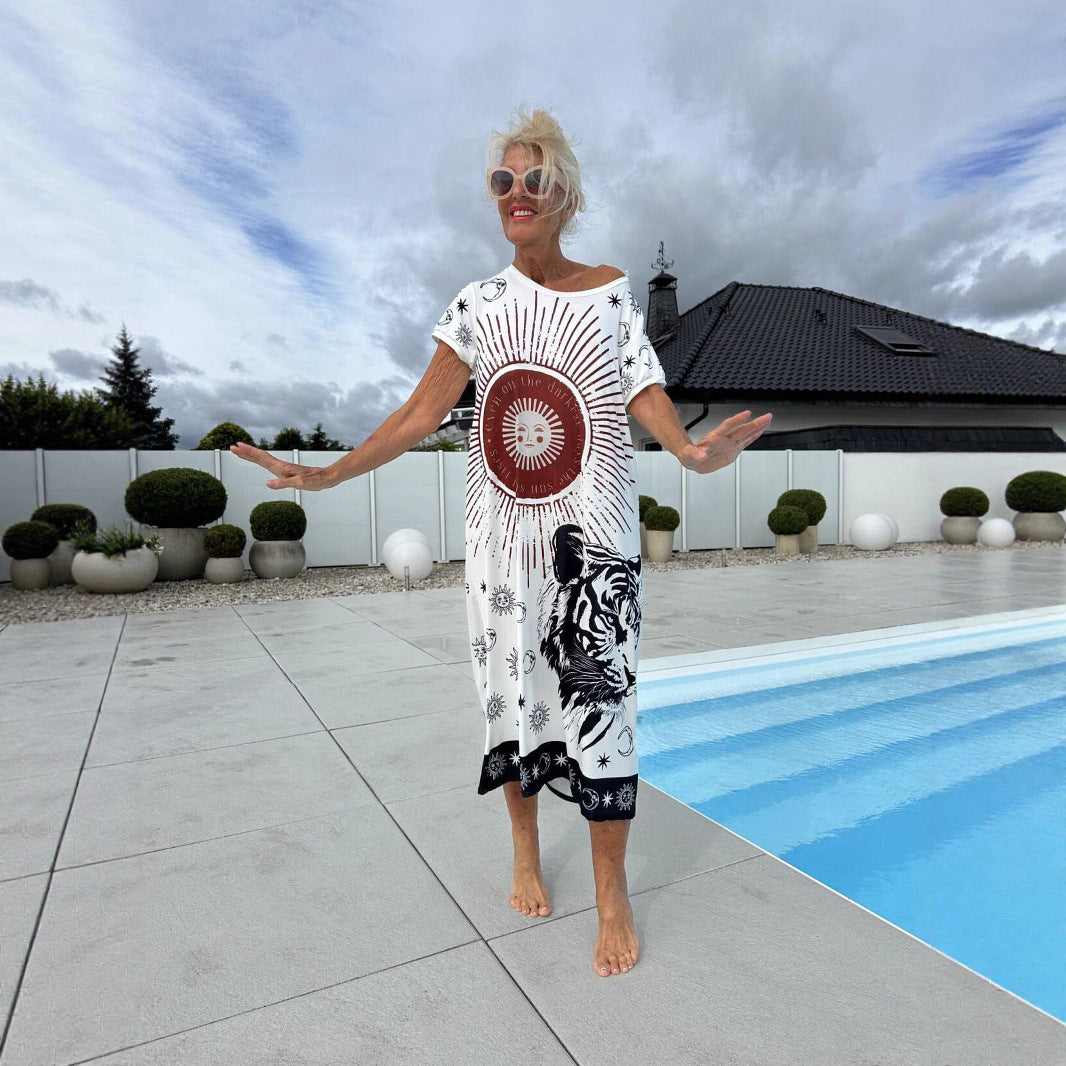 Cerelina - Dames zomerjurk met korte mouw en v-hals en print