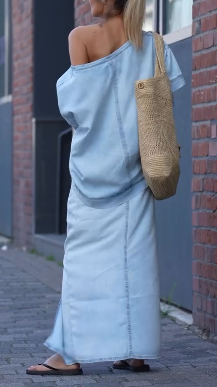 Mireya - Casual damesset in Tencel Denim met ronde halslijn