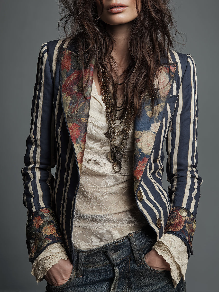 Avenorix - Gestreepte boheemse damesblazer met vintage bloemenprint