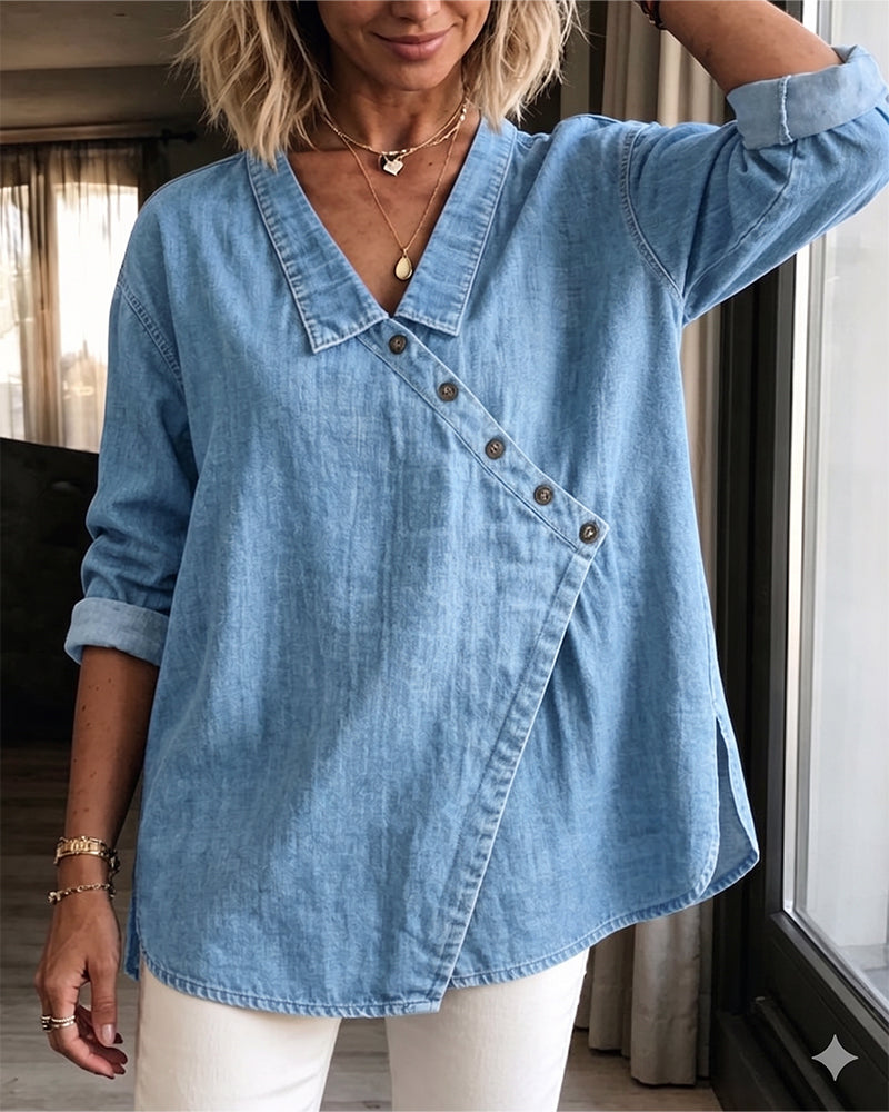Mélusine - Damesblouse met een ruime pasvorm en diagonale knopen