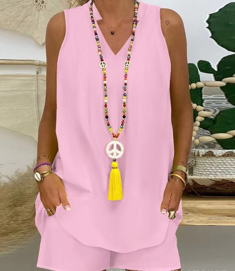 Thessaly - Mouwloze casual damesset met hoge hals voor een elegante zomerstijl