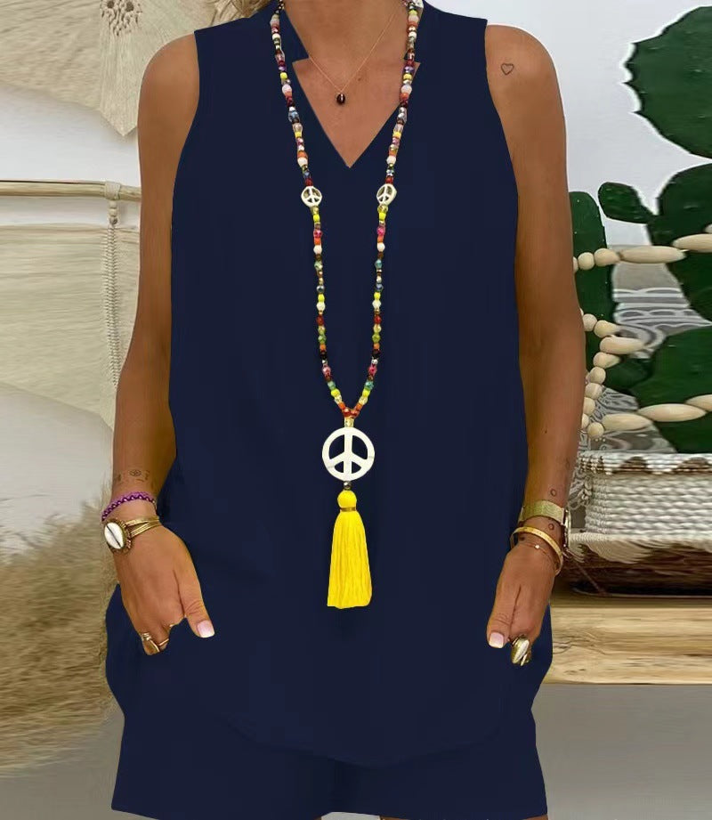 Thessaly - Mouwloze casual damesset met hoge hals voor een elegante zomerstijl
