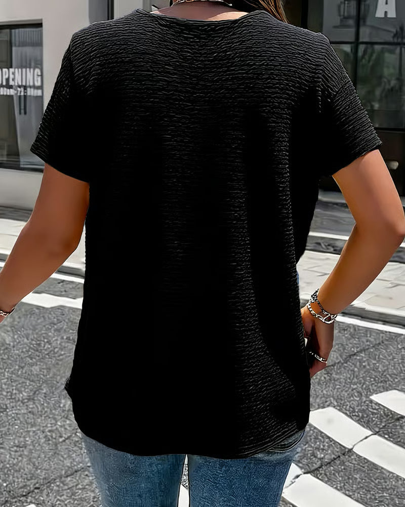 Syzelle - Dames t-shirt met ronde hals textuur korte mouwen elegante decoratieve knopen
