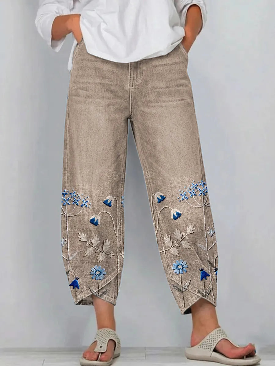 Fiorixa - Dames denim broek met borduurwerk in casual rechte snit