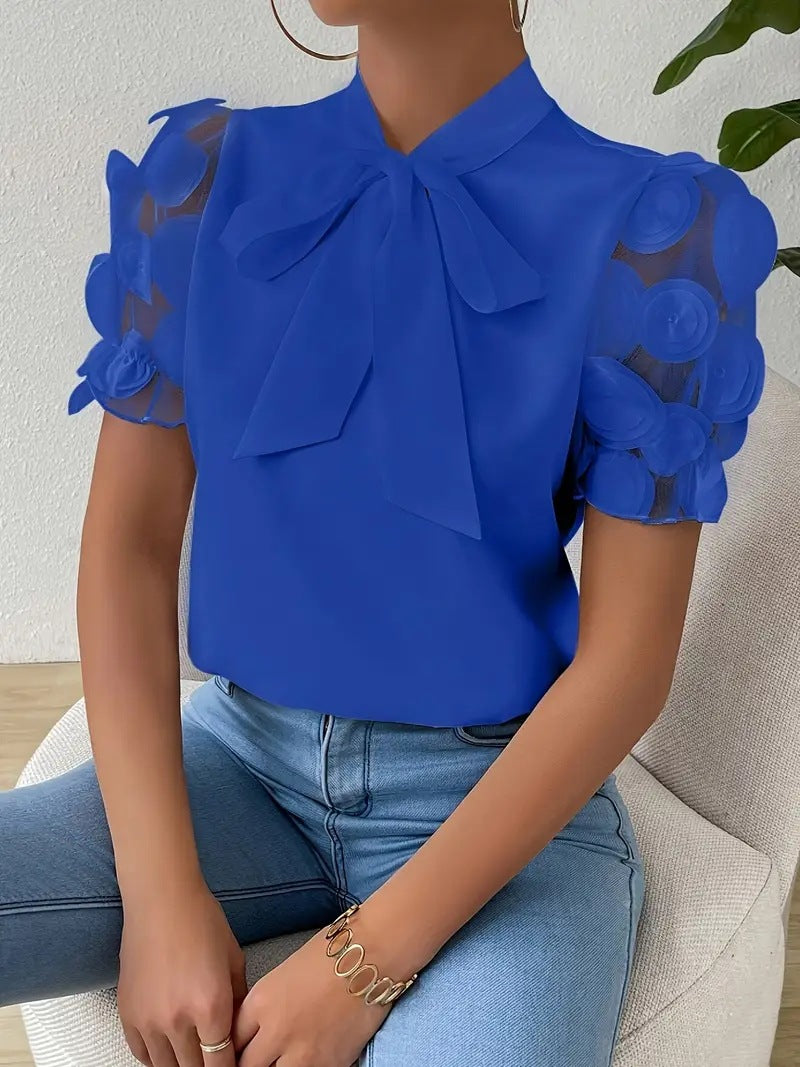 Cirelle - Effen kanten zomerblouse met strik en korte mouwen
