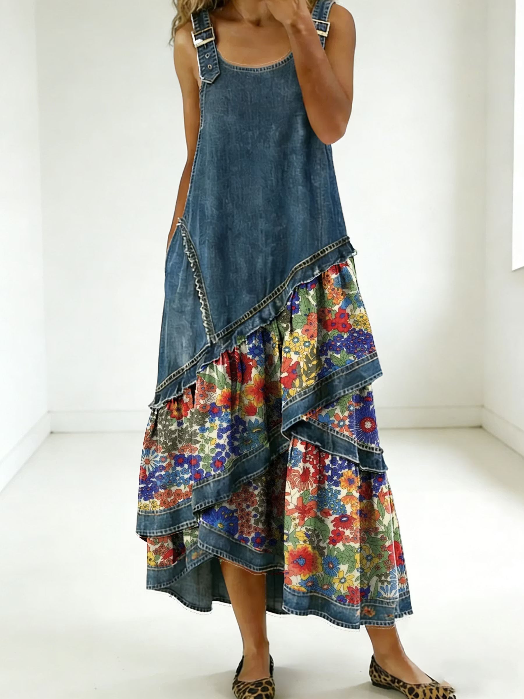 Rovessira - Maxi jurk voor dames met bohemian patchwork in denim en bloemenprint