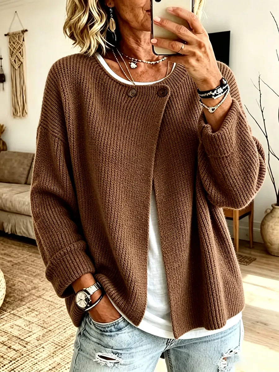 Lobke - Dames cardigan van ribgebreide stof met asymmetrische snit