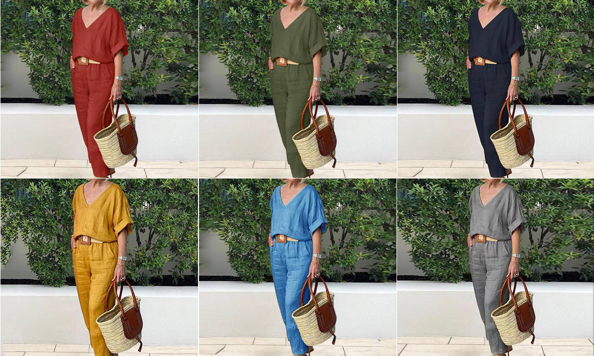 Loxaria - V-hals dames set met broek en zakken in casual stijl