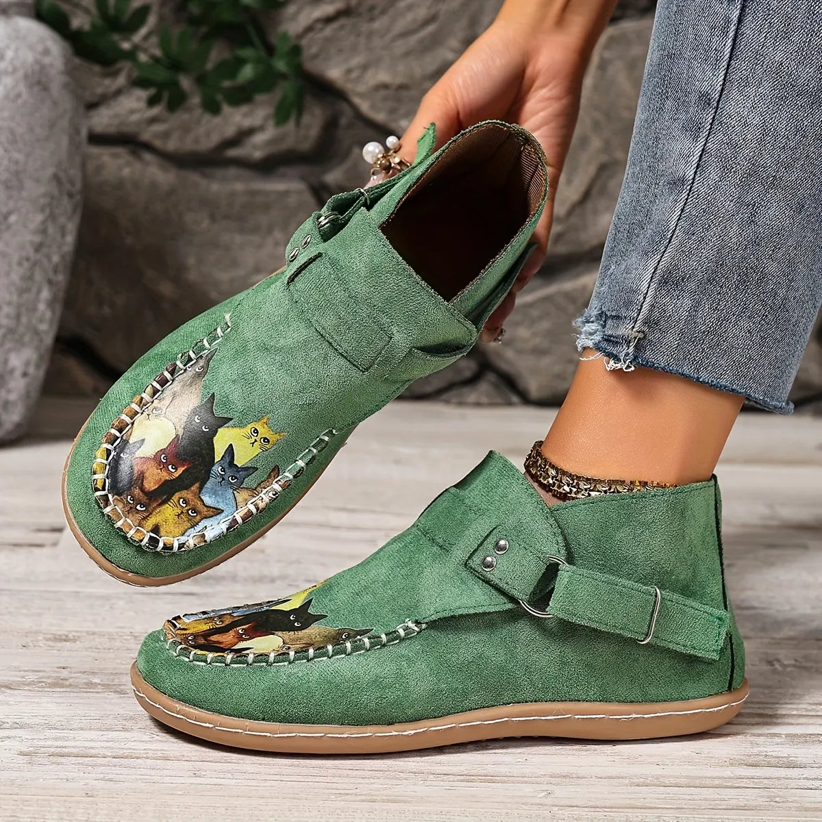 Annefleur - Dames instap mocassins met kattenprint