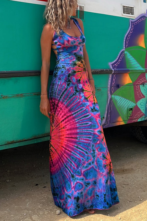 Junaria - Maxi-jurk met tie-dye print, vetersluiting op de rug, stretch (met ingebouwde bh)