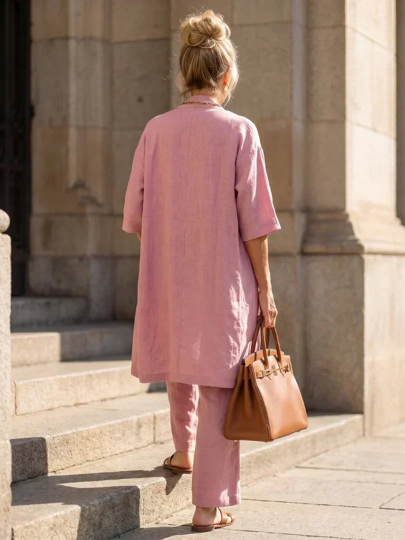 Faevina - Licht damesensemble met kimono, top en broek