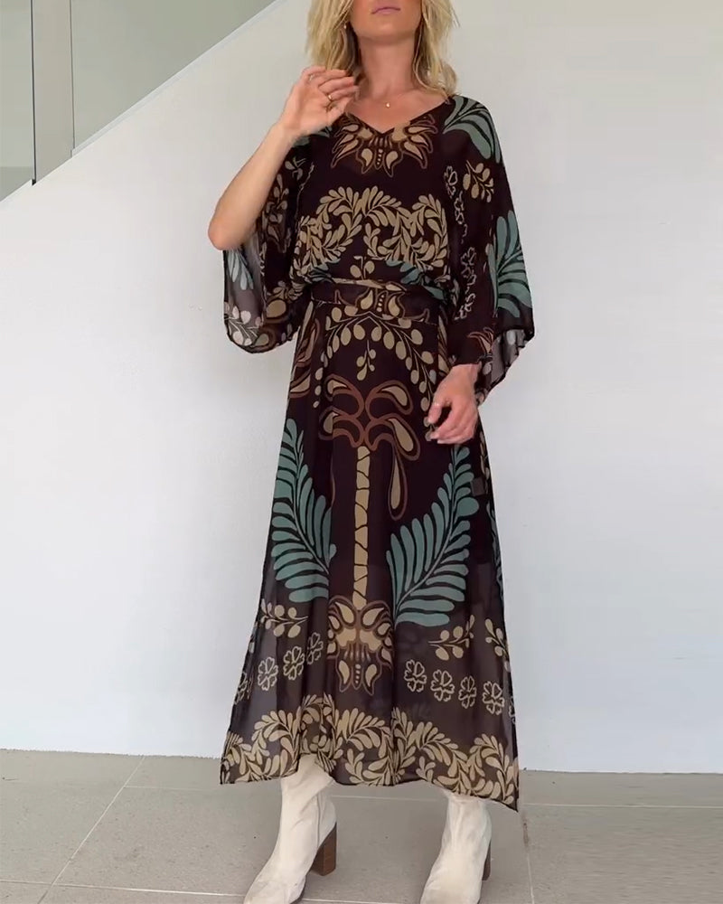 Praxellea - Boheemse maxi jurk voor vrouwen met V-hals en elegante bladerenprint