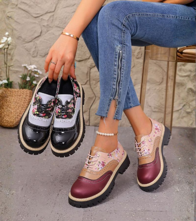 Maan - Dames Oxford Schoenen met Veters en Bloemenpatroon met Dikke Zool