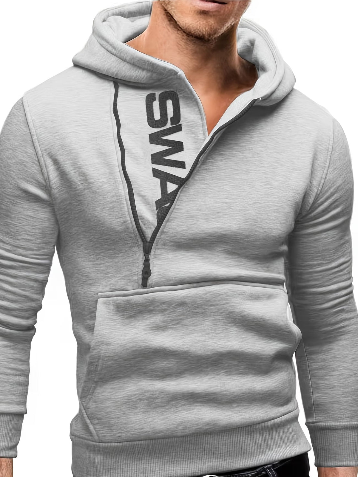 Loic - Slim fit hoodie voor mannen met asymmetrische rits en print