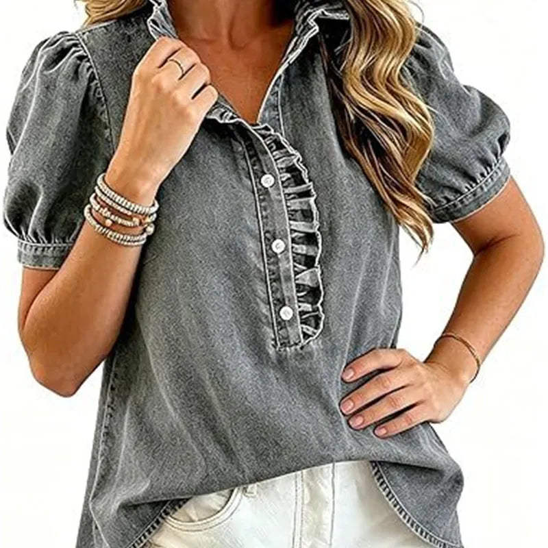 Caelith - Dames denim top met volantkraag