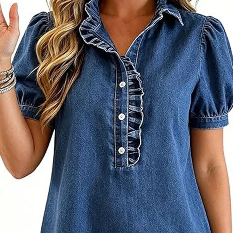 Caelith - Dames denim top met volantkraag