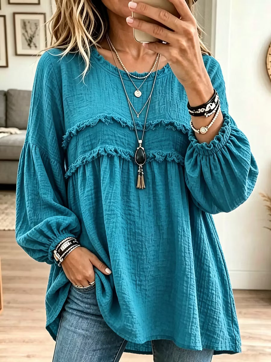Noëlie - Vrouwelijke babydoll tuniek met volant en ballonmouwen