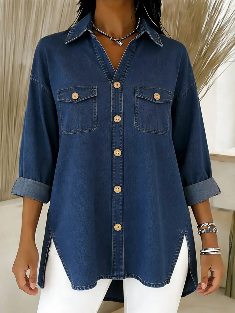 Cléa - Lange denim blouse voor dames met een losse pasvorm en borstzakken