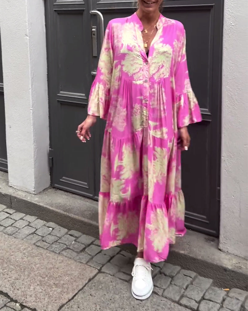 Greta - Losvallende Patchworkjurk met V-hals en Klokmouwen met Print