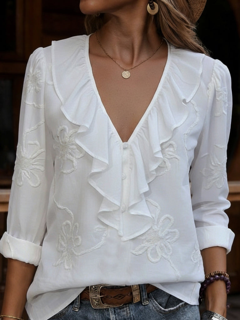 Myrella - Vintage Blouse met Volants en Bloemenborduursels