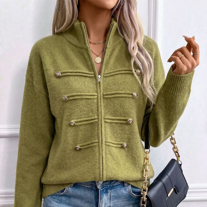 Teuntje - Dames gebreide gilet met hoge, rits en decoratieve knopen
