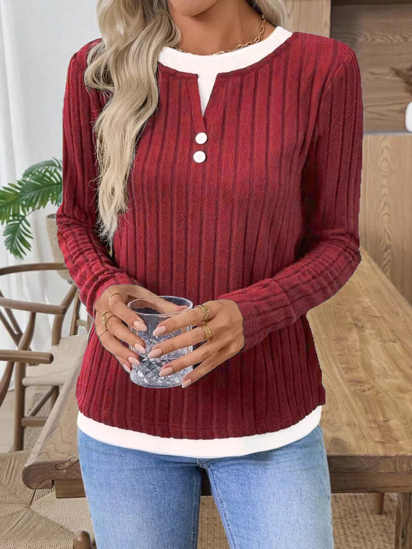 Kalivianne - Geribbelde Winter T-shirt met Lange Mouwen