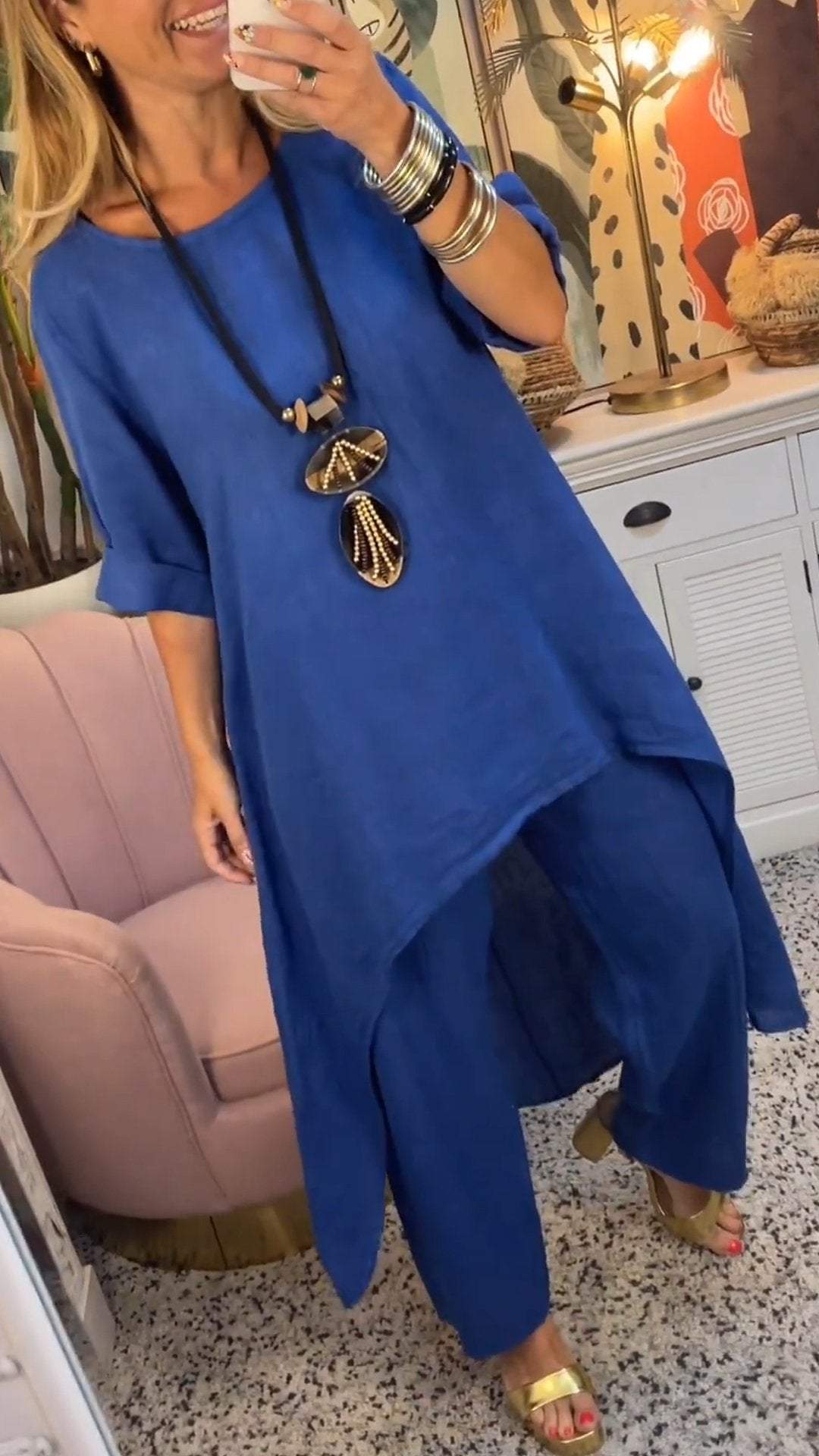 Melantha - Tweedelige katoen-linnen set met lange mouwen en ronde hals