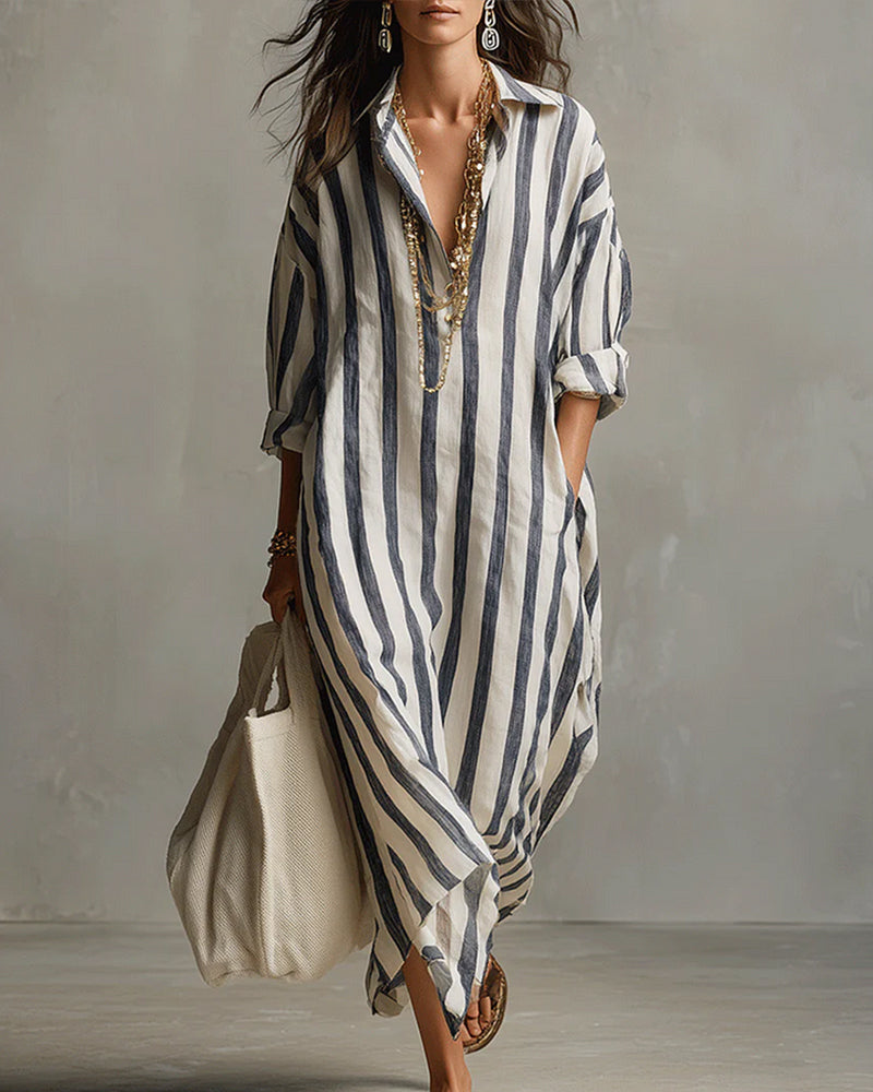 Avenira - Maxi Gestreepte Jurk met Casual Chic Reverskraag