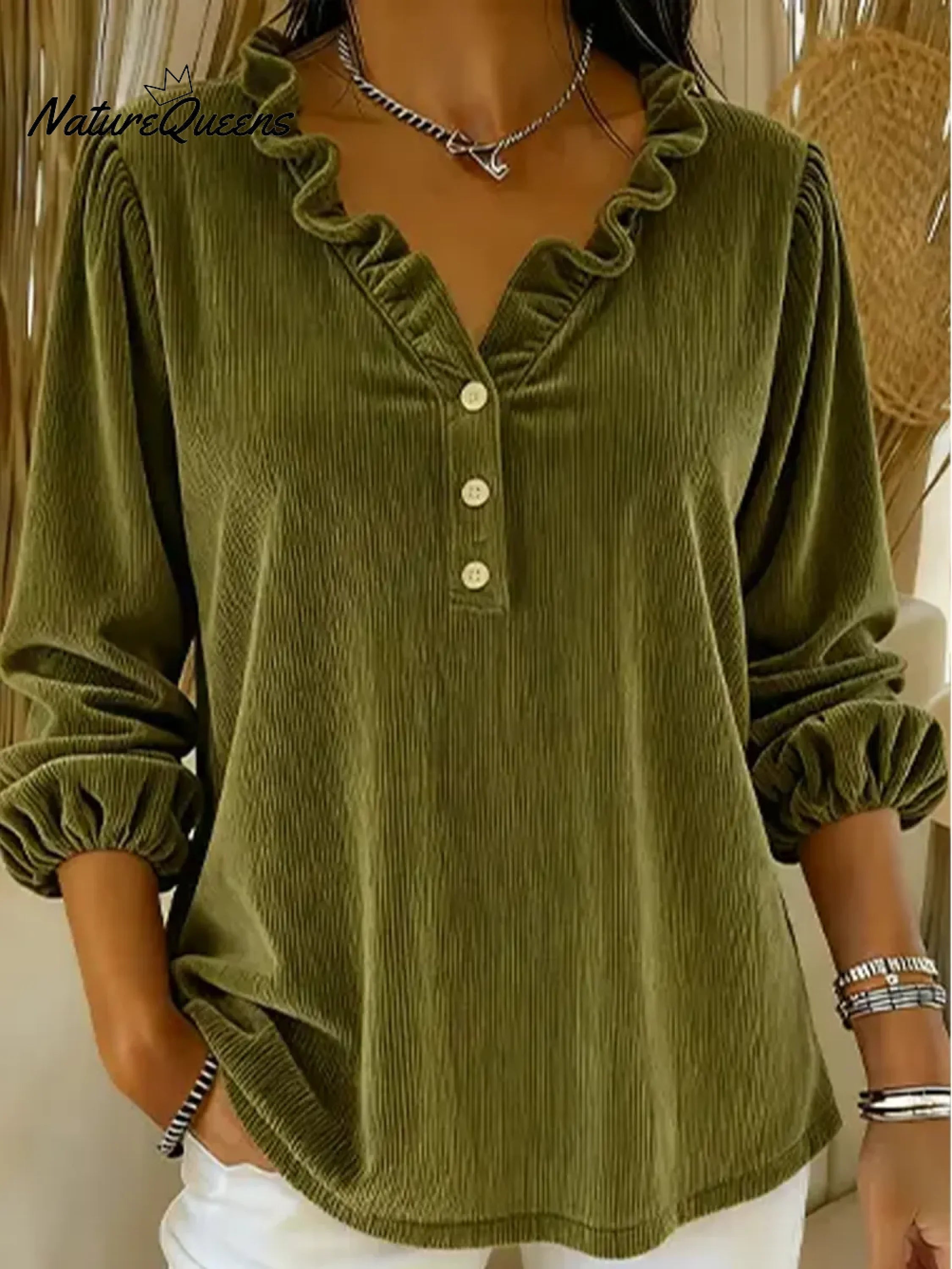 Jovellina - Geribbelde Chemise met Volantkraag