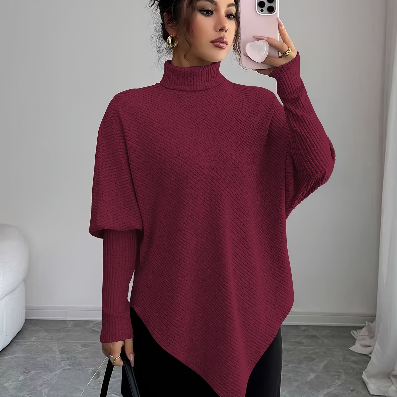 Ilyssa - Asymmetrische Trui Met Hoge Hals Moderne Elegant