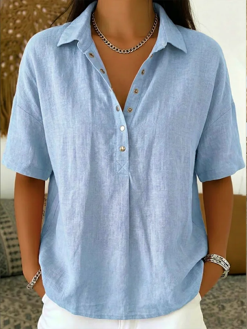 Karina - Damesblouse Met Klassieke Kraag V-Hals Korte Mouwen Comfort