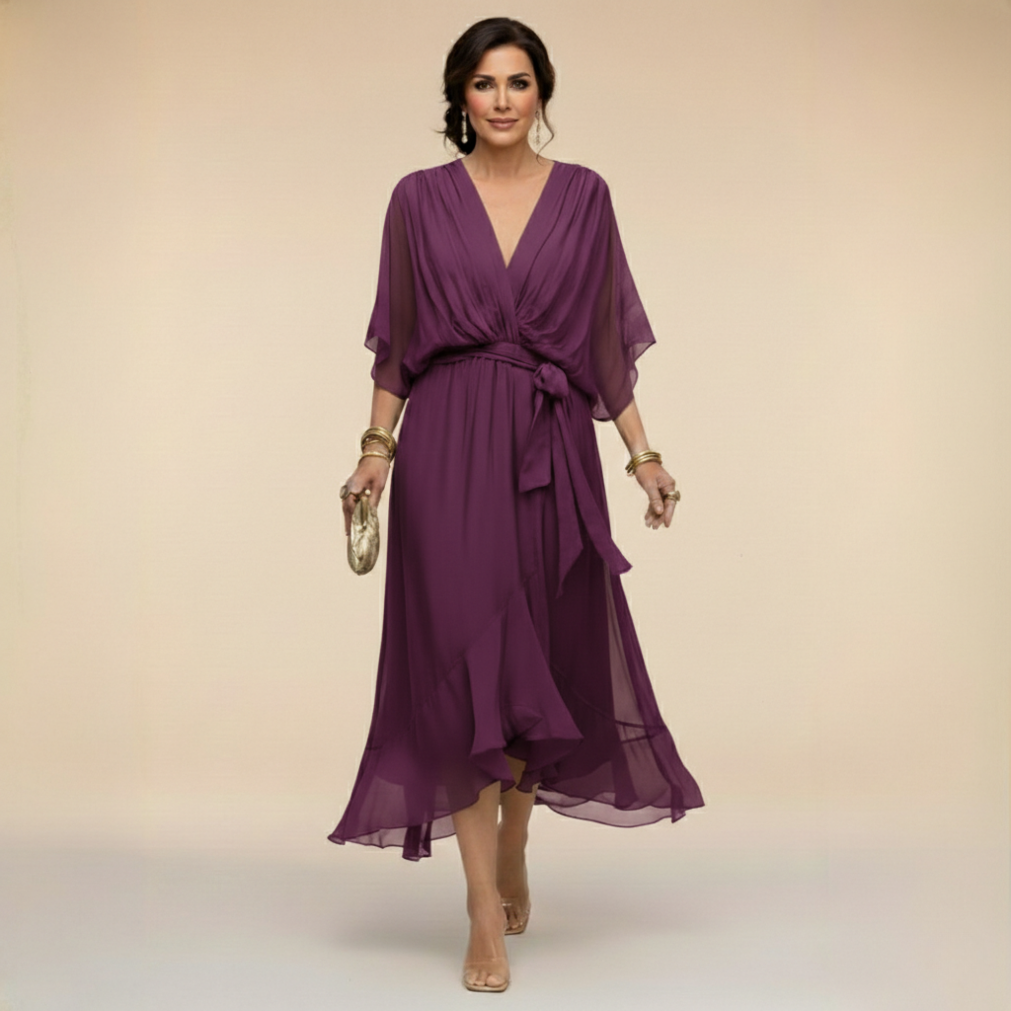 Lazira - Midi jurk voor vrouwen met V-hals, ruime mouwen en elegante riem