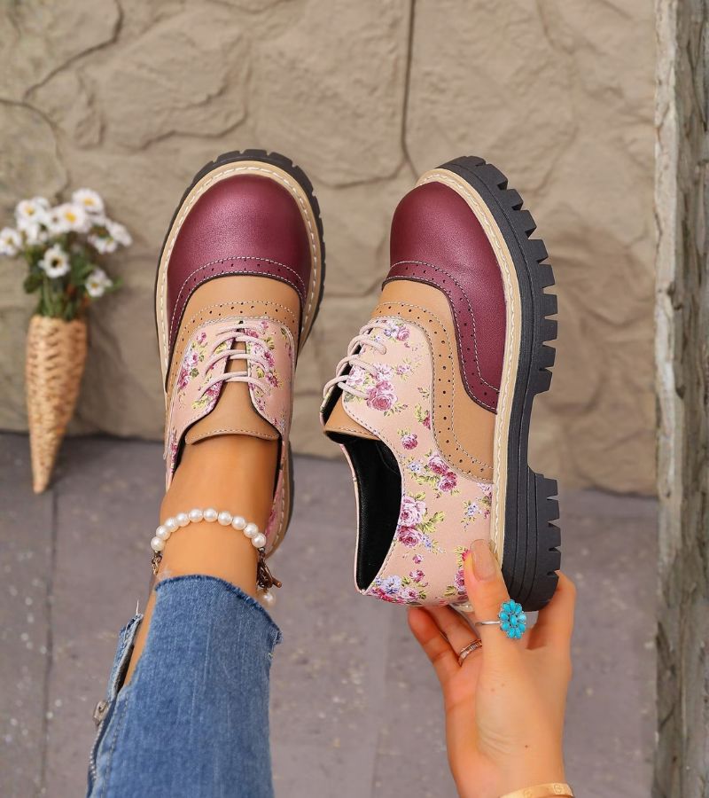 Maan - Dames Oxford Schoenen met Veters en Bloemenpatroon met Dikke Zool