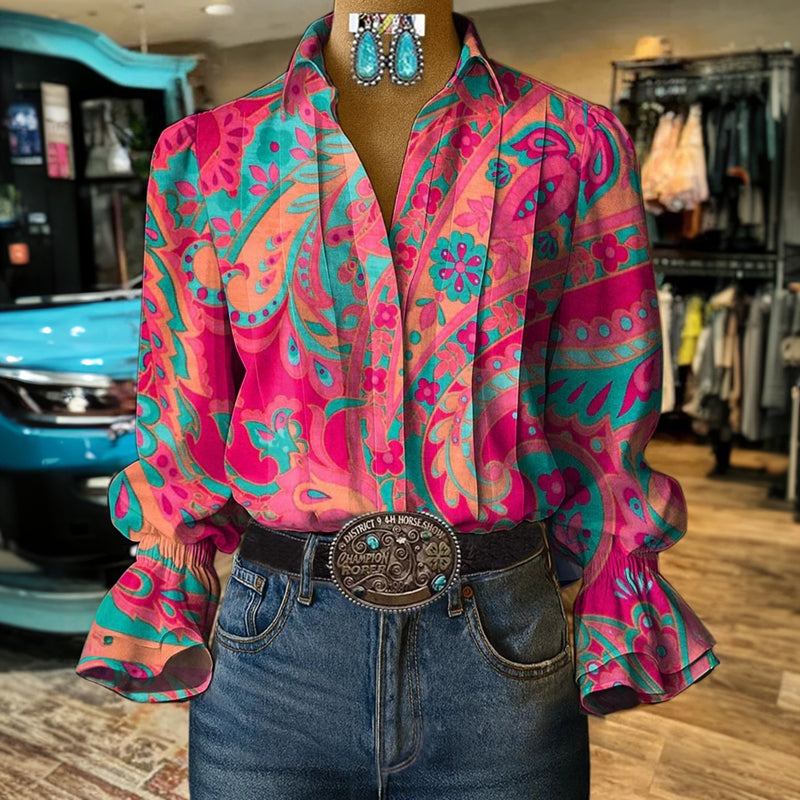 Ivriza - Vrouwen blouse met bloemenprint, omgeslagen kraag, lange mouwen, vintage stijl